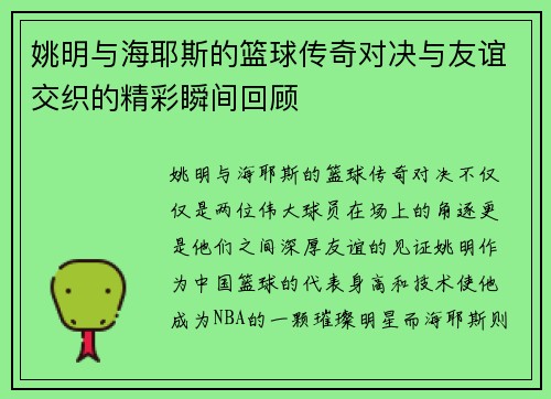 姚明与海耶斯的篮球传奇对决与友谊交织的精彩瞬间回顾